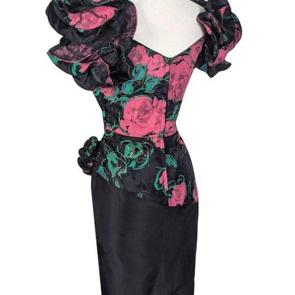 Vintage 80s Red Rose Floral Print Ruffle Sleeve Prom Cocktail Party Dress M - Picture 3 of 14